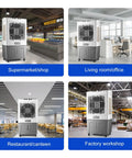 Heavy Duty Portable Evaporative Swamp Cooler Packing Three Fan Speeds One Twenty Degree Sweep And A Massive Hundred Gallon Tank For Chilling Out On Patios Yards Or Backyards in various indoor settings including a supermarket, office, restaurant, and factory.