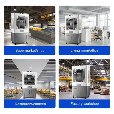 Heavy Duty Portable Evaporative Swamp Cooler Packing Three Fan Speeds One Twenty Degree Sweep And A Massive Hundred Gallon Tank For Chilling Out On Patios Yards Or Backyards in various indoor settings including a supermarket, office, restaurant, and factory.