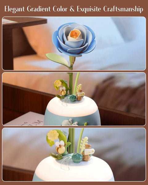 Starry Camellia Lamp DIY 3D Flower Night Light Kit With 73 Laser Cut Pieces For Bedroom Decor Mesmerizing Blooming Motion Powered By A Gentle 5 RPM Motor A Dope Home Accent And Creative Gift For Adults Women Teens, blue camellia lamp with gradient base