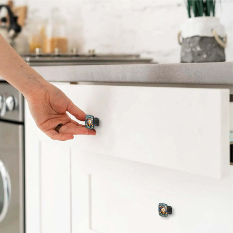 Hand installing 4 Piece Square Drawer Pulls And Cabinet Knobs Set With Dope Colorful Daisy Tulip Floral Pattern for cabinets.