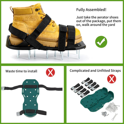 Heavy Duty Lawn Aerator Shoes With Stainless Steel Shovel Included Adjustable Fit For Men And Women Lawn Aeration Boots With Hook And Loop Straps Perfect For Yard And Patio Care shown in use with boot, assembled design, and components included