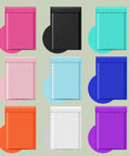 Nine colorful padded mailers including Black Bubble Mailers 4x8 Inch Self Seal Adhesive Padded Envelopes 200 Pack Waterproof.
