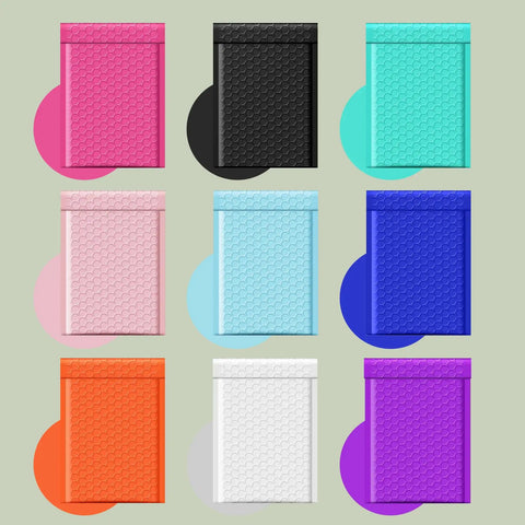 Nine colorful padded mailers including Black Bubble Mailers 4x8 Inch Self Seal Adhesive Padded Envelopes 200 Pack Waterproof.