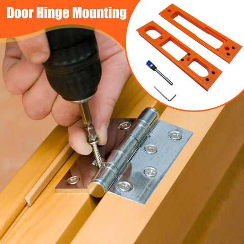 Portable Adjustable Door Hinge Jig Kit For Quick Millimeter Precision Hinge Positioning And Easy Setup In Woodworking Projects For Beginners DIY Handyman Exterior And Interior Doors showing screwdriver and jig in action