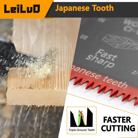 Close-up of 15 Pcs Oscillating Tool Blades Set with Japanese Tooth, cutting wood with 70mm titanium blade, fast and clean.