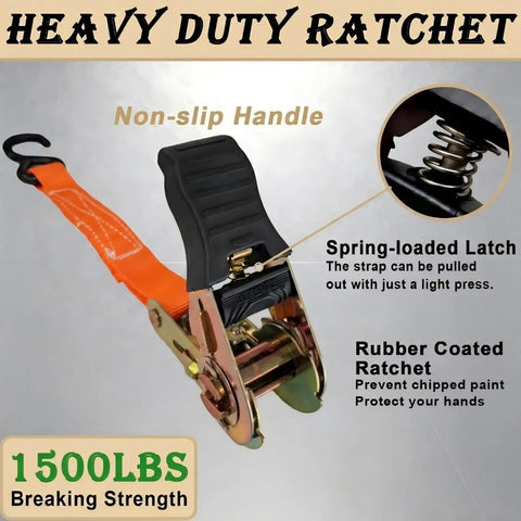 Beefy Ratchet Tie Down Straps 2 Pack 1 Inch By 15 Feet with non-slip handle and rubber coated ratchet for securing cargo.