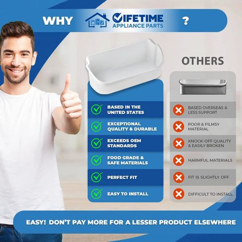 Comparison chart of Lifetime Appliance Parts showing Two Pack Door Bin Replacement For Refrigerator Shelves 240356401 AP2116036