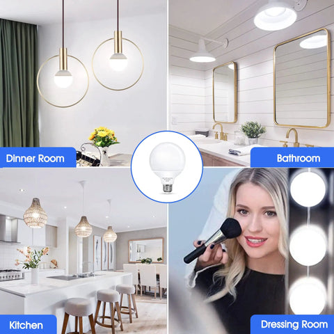 G25 LED Vanity Globe Bulbs 100W Equivalent, 9W, 5000K Daylight White in use in dining, bathroom, kitchen, and dressing room.