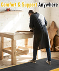 Person working on wooden table with Extra Thick 3 By 7 Ft Anti Fatigue Floor Mat For Standing Tasks In The Shop Or Garage Ergonomic Comfort.