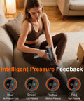 Woman using Thermal Massage Gun Deep Tissue Percussion Massager With Heat on leg, intelligent pressure feedback displayed