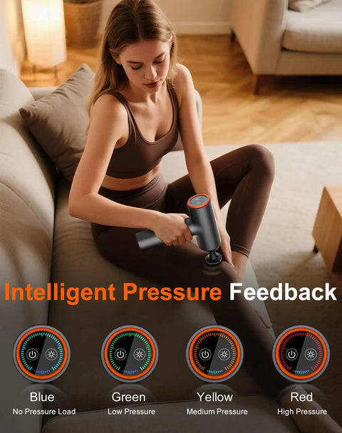 Woman using Thermal Massage Gun Deep Tissue Percussion Massager With Heat on leg, intelligent pressure feedback displayed