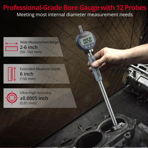 XUNTOP digital bore gauge with LCD display, 2-6 inch range, in hand over engine cylinder.