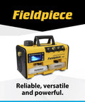 Fieldpiece VP87 vacuum pump, portable yellow dual-stage unit with RunQuick oil change system and two Fieldpiece oil cans.