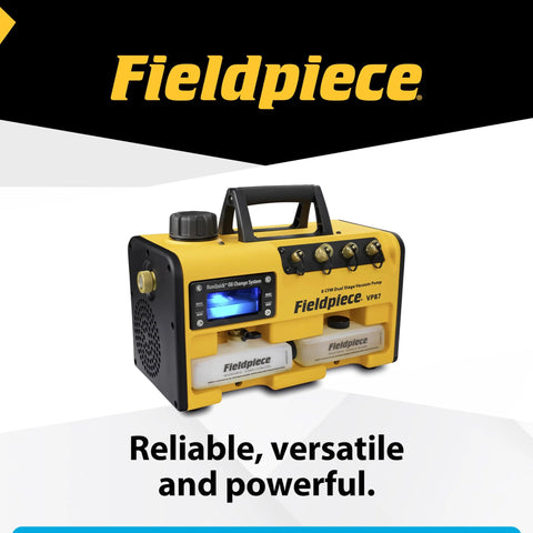Fieldpiece VP87 vacuum pump, portable yellow dual-stage unit with RunQuick oil change system and two Fieldpiece oil cans.
