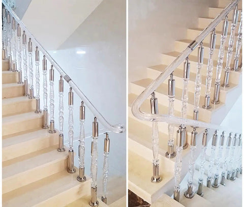 Top Shelf Round Acrylic Staircase Balusters With Rustproof Stainless Steel Brackets, Knockout Clarity Stair Spindles For Porches And Decks, No Sweat Installation 20 Pack 45 Inches on stair railing.