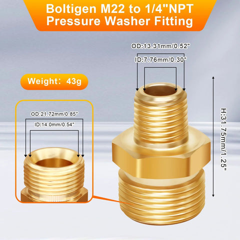 Front view of Boltigen M22 to 1/4 in NPT brass pressure washer adapter; two brass fittings shown, Amazon Lawn & Patio
