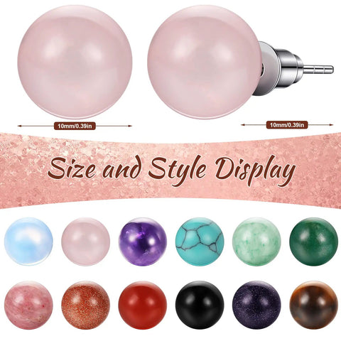 12 Pairs Gemstone Ball Stud Earrings Set With Amethyst Rose Quartz Rock Quartz Carnelian Green Aventurine Black Obsidian And More For Women Everyday Wear Vibes, 10mm pink stud earring pair