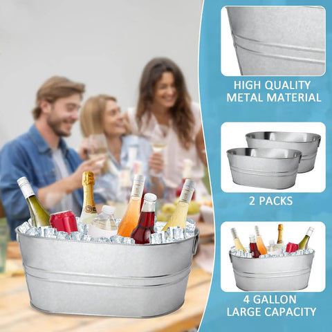 Two Pack Four Gallon Galvanized Ice Buckets With Handles For Parties Portable Beverage Tub Keep Bottles Cans And Ice Chill