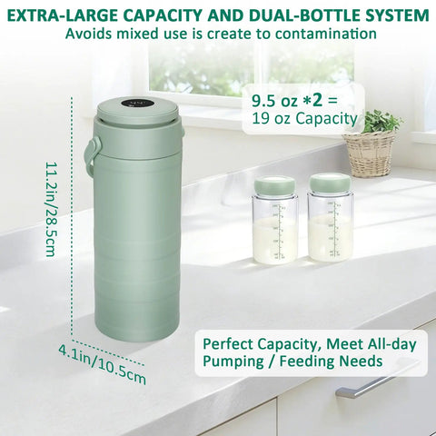 Portable Breast Milk Cooler That Beats The Heat Keeping Milk Super Crisp For Over 24 Hours With Full Surround Cooling Digital Temp Display And Two Leak Proof Flasks shown with two flasks and cooling shell.