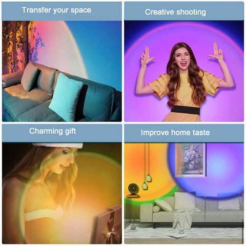 Collage showing Sunset Projection Lamp 6W LED With 180 Degree Rotating Head in various settings and color modes.