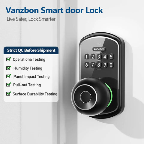 Smart Door Knob Lock With Keypad And Fingerprint Five In One Access App Bluetooth Control Personal Passcodes Keycard Key Fob And Mechanical Key No Drill Digital Lock For Front And Indoor Doors on white door