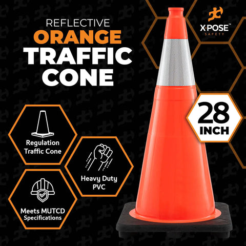 Heavy Duty 28 Inch Orange Traffic Cones With 6 Inch Collar, 4 Pack, Rugged PVC Safety Markers For Parking, Construction, Caution