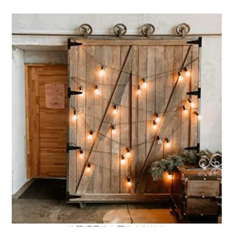 Wooden barn door with decorative lights, using Six Pack T Shaped 4 Inch Cabinet Door Hinges With Six Fixing Screw Holes Durable Galvanized Iron.