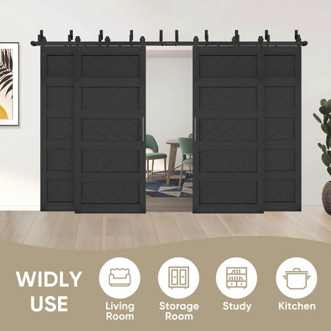Double Bypass Sliding Barn Door Kit With Wave Panel 144x84 Inches in black, installed in a living room setting, sliding open