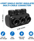 3-port insulated wire connector, black plastic, single-side entry for 4–14 AWG wires, 3/16 hex screw.