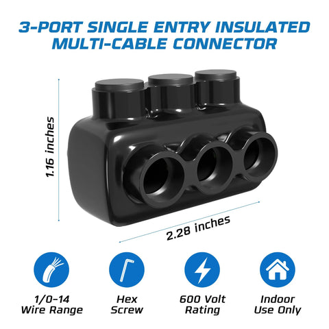 3-port insulated wire connector, black plastic, single-side entry for 4–14 AWG wires, 3/16 hex screw.