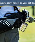 Golfer with golf bag featuring a Credit Card Size Golf Yardage Card With Clip, Ultra Portable On Course Range Chart, easy to carry.