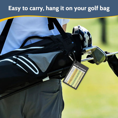 Golfer with golf bag featuring a Credit Card Size Golf Yardage Card With Clip, Ultra Portable On Course Range Chart, easy to carry.