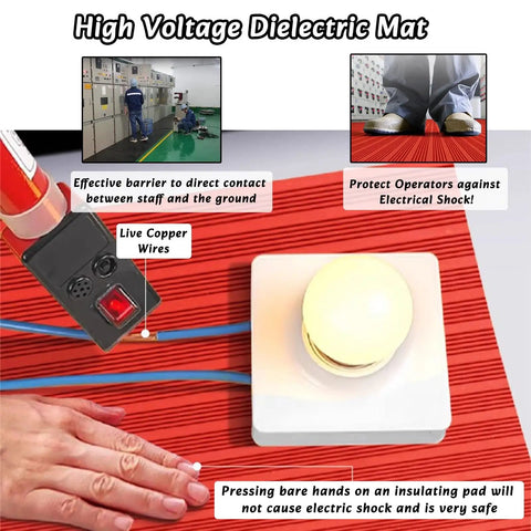 Heavy Duty High Voltage Insulating Rubber Mat For Electricians And Workshop Crews, Slip Resistant Dielectric Safety Flooring That Kills Shock Dead, thick, red mat displayed with electrical tools and wires.