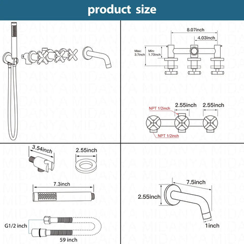 Detailed dimensions diagram of Brushed Nickel Wall Mount Tub Filler With 3 Handles Handheld Shower Waterfall Spout Valve Trim Kit