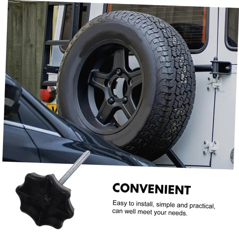 No-Fuss Spare Tire Hold-Down Bolt And Mounting Hardware for secure wheel mounting on vehicle, with tire shown