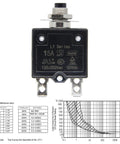 Rock Solid Heavy Duty 15 Amp Thermal Circuit Breaker With Manual Reset Push Button Switch For 125 To 250 Vac And Dc Power Protection No Sweat On Car And Appliance Gear, showing front view with specifications.