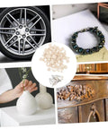 Collage showing uses of Wool Felt Polishing Wheel Set With Mandrel Handle, 120 Pcs Buffing Wheels For Rotary Tool including automotive and furniture.