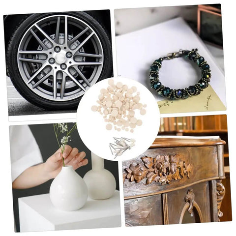 Collage showing uses of Wool Felt Polishing Wheel Set With Mandrel Handle, 120 Pcs Buffing Wheels For Rotary Tool including automotive and furniture.
