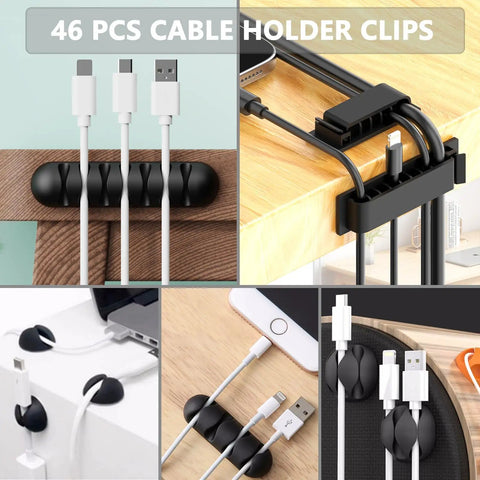 Ultimate Cable Management Kit For Desk And TV Setup with cable holder clips securing cords on desk and table edges