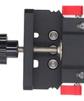 Dead On Precision Self Centering Doweling Jig Kit with Spot On Drill Guide Locator, close-up view of adjustment knob and guide.