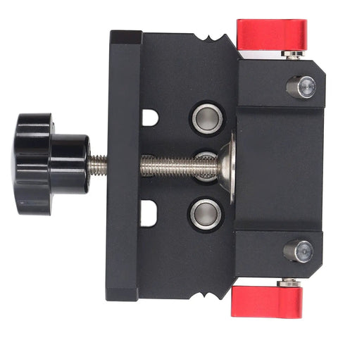 Dead On Precision Self Centering Doweling Jig Kit with Spot On Drill Guide Locator, close-up view of adjustment knob and guide.