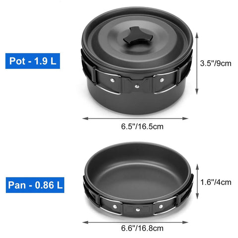 Lightweight Camping Cookware Mess Kit Gear With Pot, Pan, Kettle, Two Cups And Utensils For Backpacking, Hiking, And Picnics