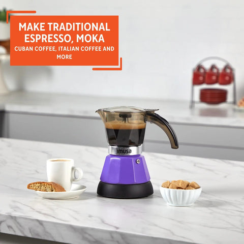 Purple Electric Espresso Maker For Two Or Three Cups Compact Home Brewer with Easy Brew Controls on kitchen counter