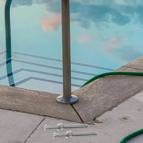 Six Piece Stainless Steel Pool Ladder Fastener Screws Hella Tough Premium Replacement Hardware Kit view at pool edge with screws visible