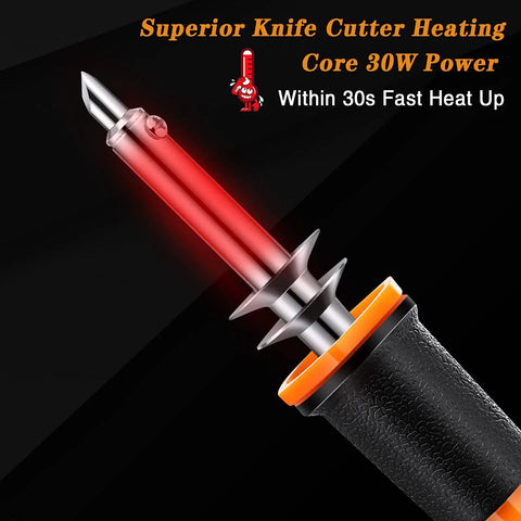 Get This Bad Honoson 30 Pc Electric Hot Knife Cutter Kit With Wood Burning Pen, 16 Blades And Storage Bag. Close-up of heating core with red glow.