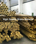 Stacks of solid brass rods in a workshop, used for 3 Pack Half Inch Brass Coupler Set Half Inch NPT Female To Female Hex Nipple Air Hose Fittings.