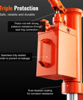 Heavy Duty Hydraulic Toe Jack 10 Ton Lift Capacity showing piston rod, rust-resistant coating, and welded cylinder details.