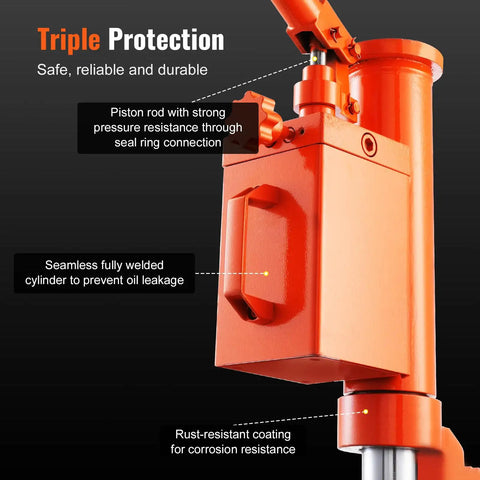 Heavy Duty Hydraulic Toe Jack 10 Ton Lift Capacity showing piston rod, rust-resistant coating, and welded cylinder details.