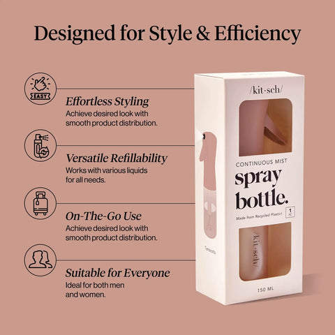 Ultra Fine Continuous Spray Bottle For Hair And More With Even Mist packaging, 150ml terracotta color focus.