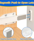 Slick Magnetic Push To Open Cabinet Latches Handle Free Touch Catch Heavy Duty Spring Loaded Drawer Closer No Sweat Setup For Rv Or Modern Closet Hardware 2 Pack showing latch mechanism on wooden surface.
